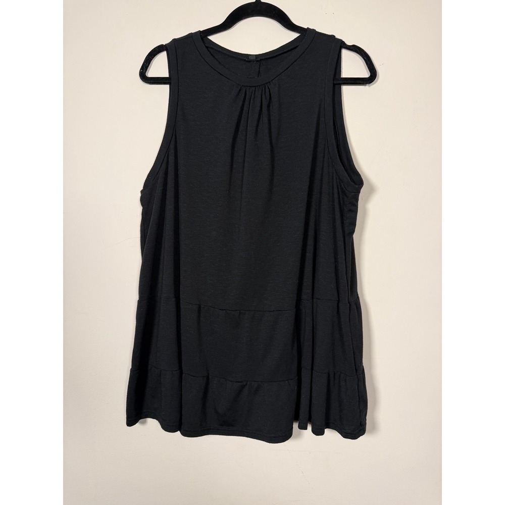 Womens Black Tiered Babydoll Tank Top Sleeveless Keyhole Back Slub Knit